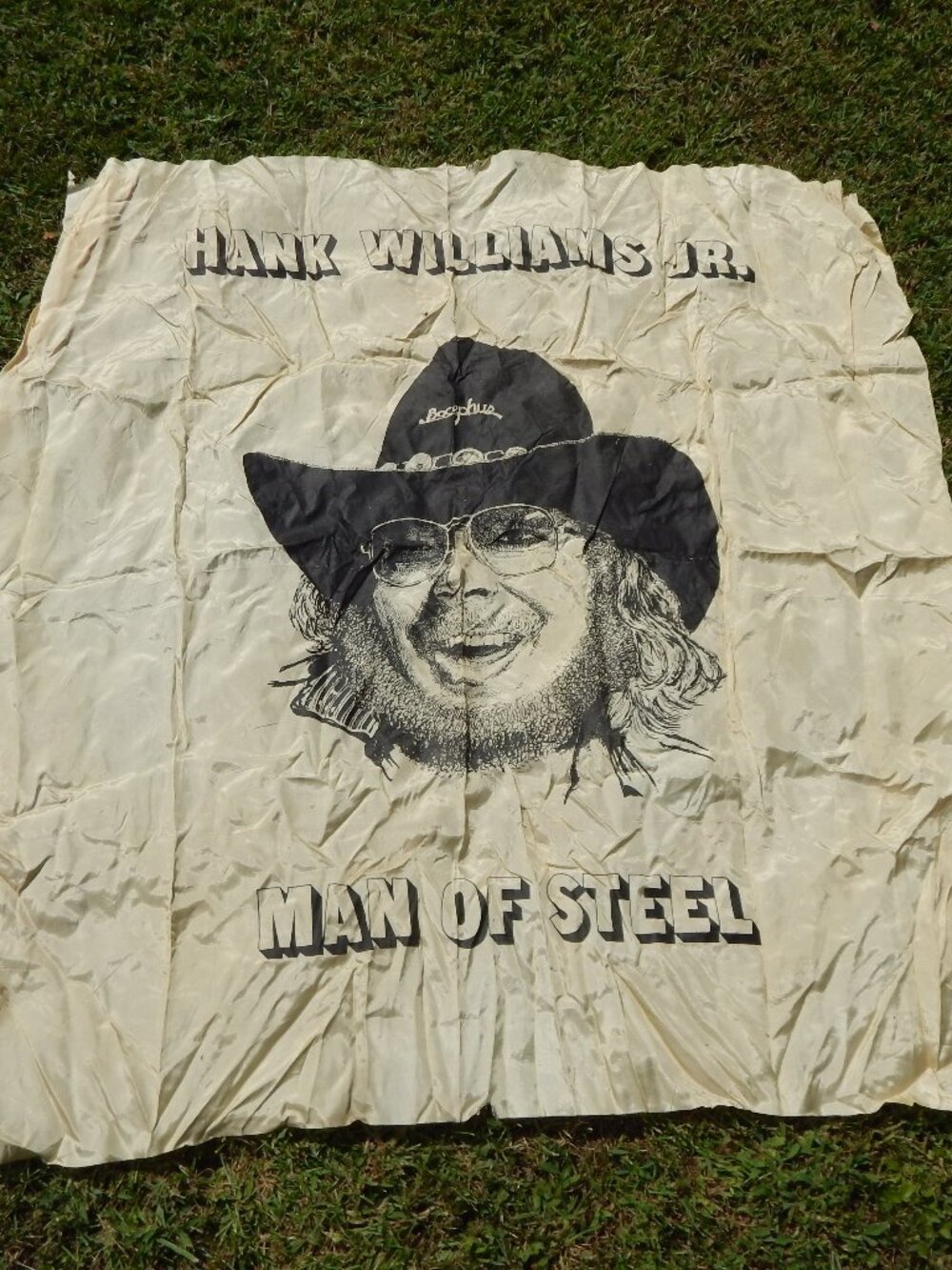 VINTAGE HANK WILLIAMS JR. MAN OF STEEL BOCEPHUS SATIN BANNER Country Music